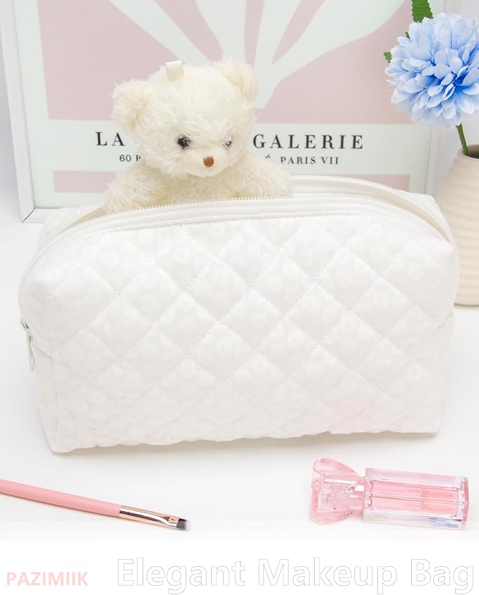 PAZIMIIK Small Quilted Makeup Bag,Zipper Cosmetic Pouch,White Floral | Lightweight Cosmetic Bag Organizer for Women,Purse Storage Holds Makeup,Toiletries,Skincare,Beauty Essentials,Travel Items