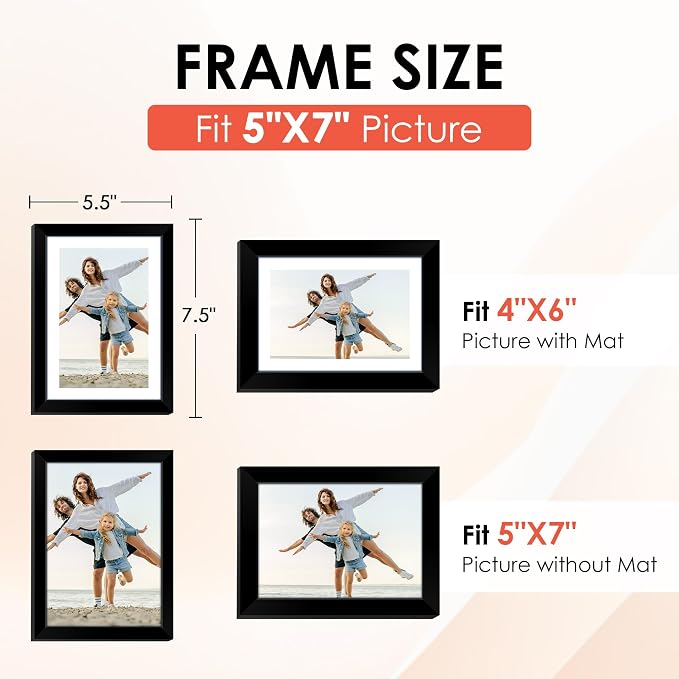 5x7 Picture Frame Set of 6, Black Photo Frames Bulk with HD Plexiglass, Display Pictures 4x6 with Mat or 5x7 Without Mat, Multi Picture Frames Collage for Tabletop or Wall Display
