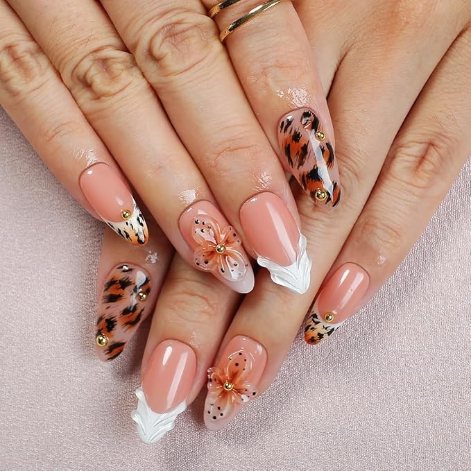 Handmade Press On Nails Almond - Short Tortoiseshell Water Ripple Design Fake Nails with French Tips, Salon Quality | 3 Sizes - 10 Acrylic Nail Kit, Fall/Winter Gift for Women