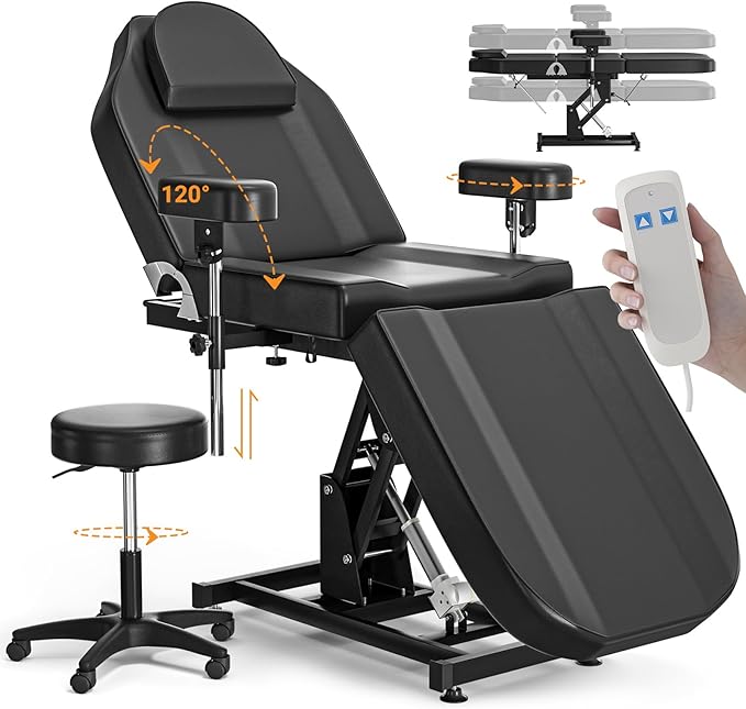 Electric Tattoo Chair Bed with Stool & Adjustable Armrests & Height Facial Chairs for Esthetician for Beauty Spa