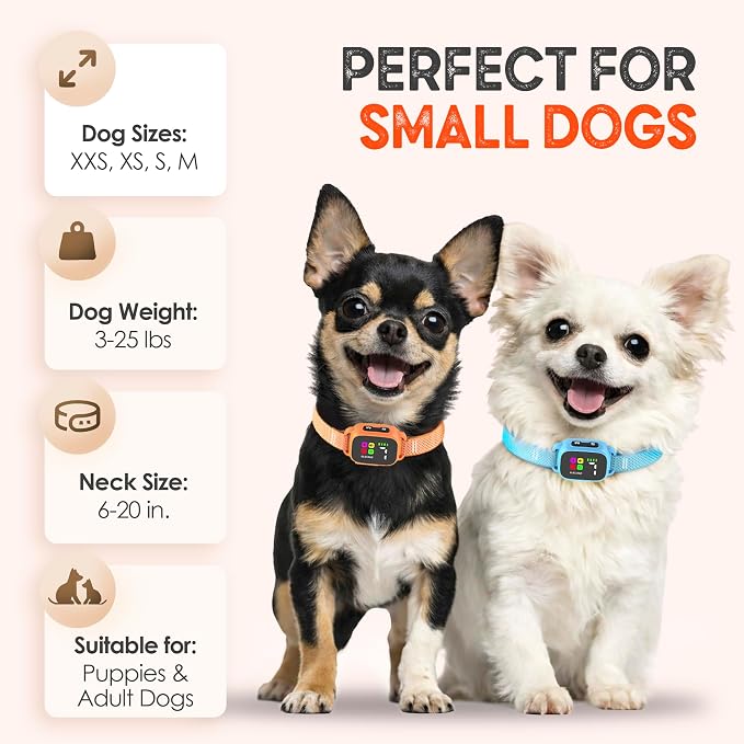 Tiny Bark Collar for Small Dogs 5-15 lbs and Puppies - No Shock Anti Barking Collar - Rechargeable Smart Collar for Dog Training with 7 Sensitivity Levels and 3 Beep&Vibration Modes (Pure Orange)