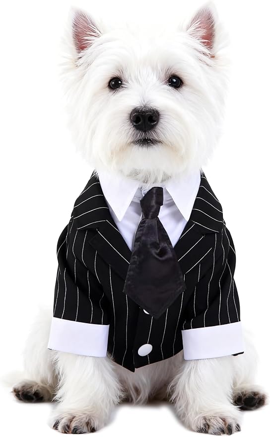 GabeFish Pets Wedding Jackets Suit for Dogs with Bow Tie Puppy Cat Formal Clothes Shirt Tuxedo (Striped, S (Chest 12.9in/33cm)