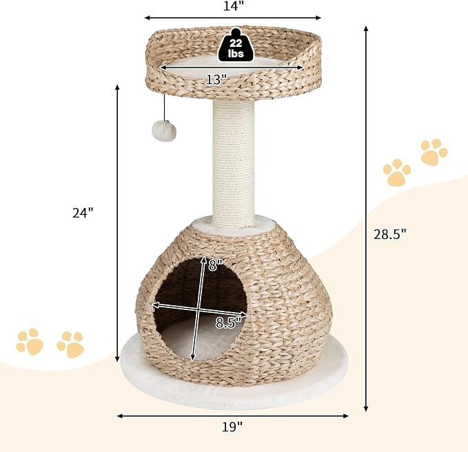 Tangkula Modern Cat Tree, Small Cat Tower with Natural Sisal Scratching Post, Hand-Made Wicker Cat Condo & Top Perch, Funny Hanging Toy Ball, Cute Cat Tree Tower for Indoor Cats