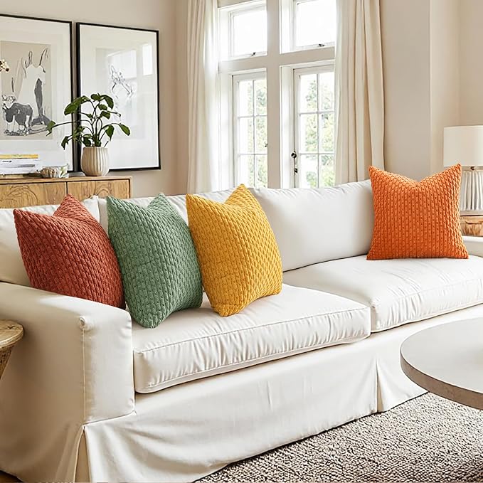 MIULEE Fall Burnt Orange Decorative Throw Pillow Covers 18x18 Set of 4 | Modern Striped Cushion Covers Soft Corduroy Pillowcase Autumn Terracotta Home Decor for Bed Sofa Living Room