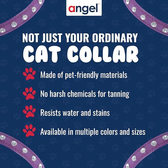 Athens Cat Collar, Leather Kitten Collar w/Rhinestones, Sturdy Breakaway Cat Collar with Bell & Elastic Stretch, Cat Accessories, Orchid Purple, 12 x ½ inches - Angel Pet Supplies