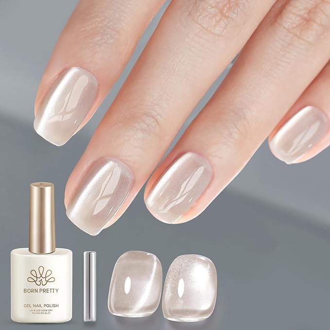 Born Pretty Nude Cat Magnetic Eye Gel Nail Polish 15ML,Jelly Glass Light Brown Crystal Glitter Shimmer Translucent Magnetic Gel Polish with Magnet,Soak Off U V Gels for Women Girl
