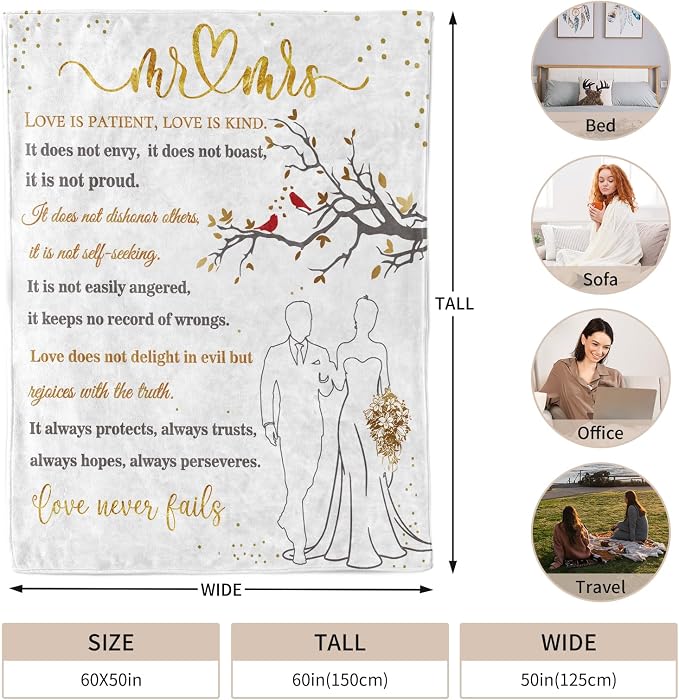 Wedding Gifts for Couples, Bridal Shower Gifts for Bride to Be Soft Blanket | Anniversary Mr and Mrs Gifts, Wedding Gifts for Newlyweds Wedding Throw Blanket 60*50 Inch (White Gold)