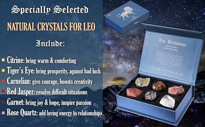 Faivykyd Leo Crystals Gift for Women, 6 Leo Zodiac Healing Stones w/ 50 Miracle Mantras Affirmation Cards, Spiritual Gifts for Positive Energy, Self-Care, Love & Wealth