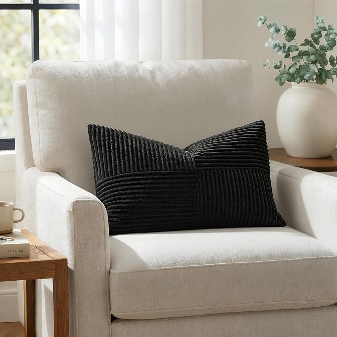 MIULEE Black Decorative Lumbar Throw Pillow Covers 12x20 Inch 2 Pack | Boho Farmhouse Pillow Covers, Soft Cross Corduroy Patchwork Textured Cushion Cases For Bed Sofa