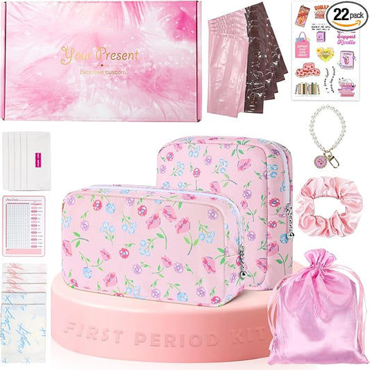 22 PCS First Period Starter Kit Gift for Teen Girls Period Bags for Teen Tweens Girls with Sanitary Pad Storage Bag, Wipes, Menstrual Tracker, Disposal Pouches and More (Pink Floral)