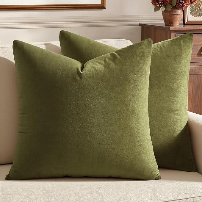 MIULEE Velvet Throw Pillow Covers 20x20 Inch Pack of 2 Light Olive Green | Soft Solid Decorative Pillow Covers, Modern Luxury Home Decor, for Couch Chair Sofa Bedroom Livingroom