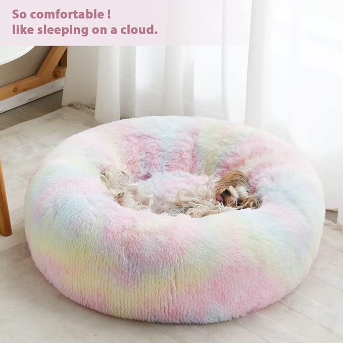 WNPETHOME Medium Round Calming Dog Bed Cat Bed for Comfy Sleep | Dog Bed For Medium Dog, Cute Washable Puppy Bed with Cozy Plush, Faux Fur Anxiety Pet Bed Donut Cuddler (30x30x10In, Rainbow)