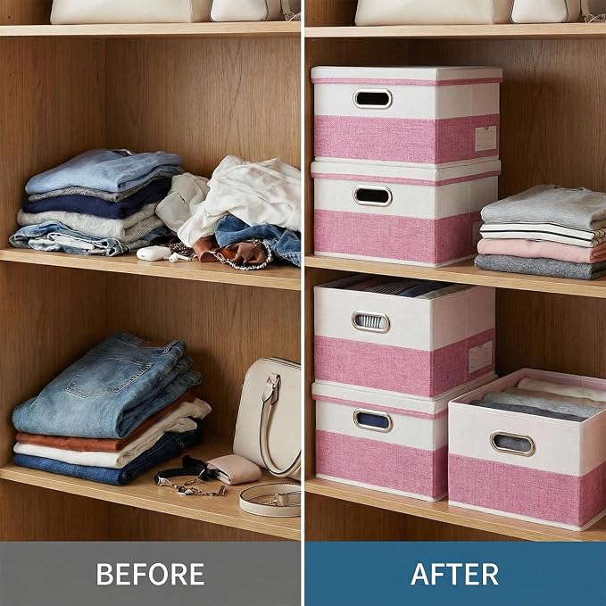 Storage Bins with Lids [3-Pack] Linen Fabric Foldable Storage Boxes Organizer Containers Baskets Cube with Cover for Bedroom Closet Office Pink&White（11.4X8.6X6.7