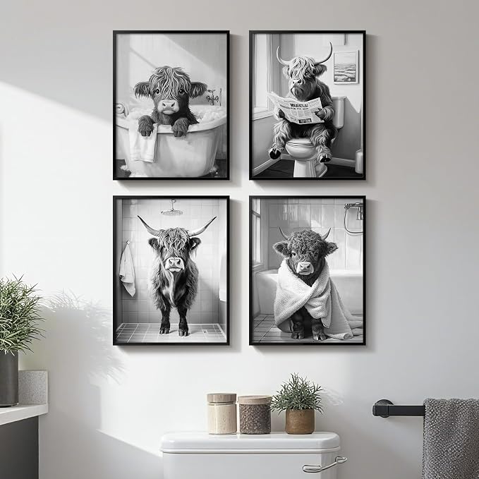 Framed Funny Highland Cow Bathroom Wall Art, 4 Piece Black and White Canvas Painting Prints, Fun Western Cow on Toilet in Bathtub Picture for Western Rustic Farmhouse Bathroom Home Decor, 11x14 Inch