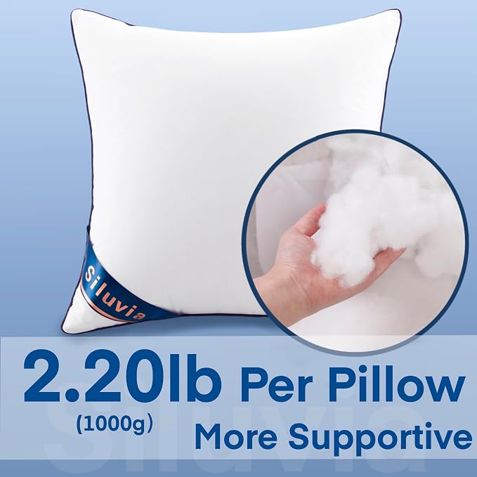 Siluvia 22"x22" Pillow Insert Set of 2 Square Throw 22 Pillows with 100% Cotton Cover for Sofa, Couch, and Bed - White | 100% Premium Polyester Fill, Fluffy & Soft with Comfy Support - White Decorative Cushion Inserts for Couch, Sofa & Bed