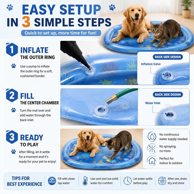 Cat Water Mat for Indoor Cats, Pet Water Sensory Play Mat for Cats & Dogs, Interactive Water Toy Mat with Durable PVC, Summer Activity Mat for Pets, Indoor Outdoor Use, 41.4 x 41.4 x 2.8 Inches