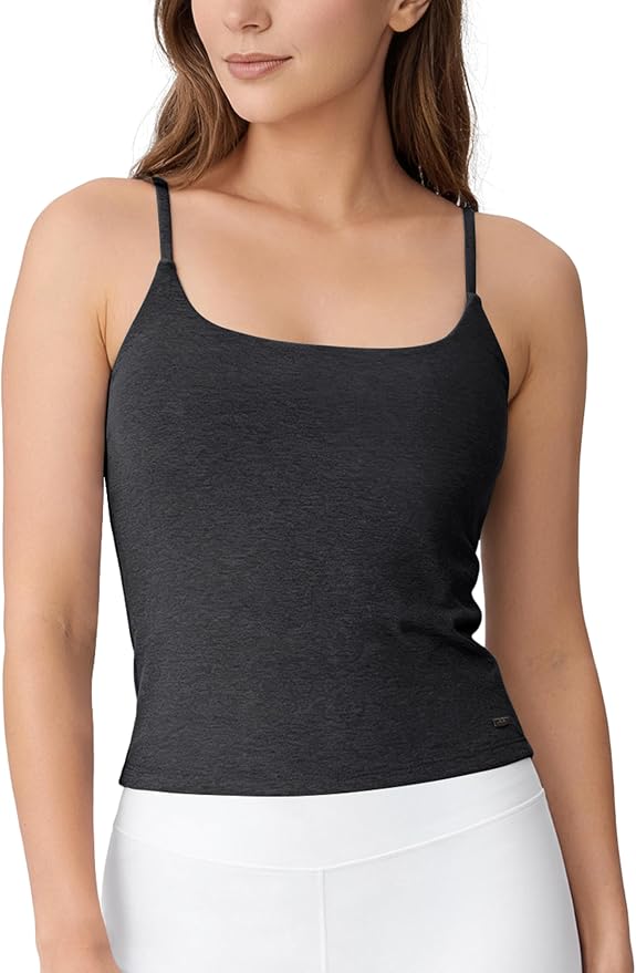 ODODOS Women's Performance Crop Cami Tank with Built-in Bra - Ultra Soft odSTRATUM Tech Spaghetti Straps Yoga Sports Bra