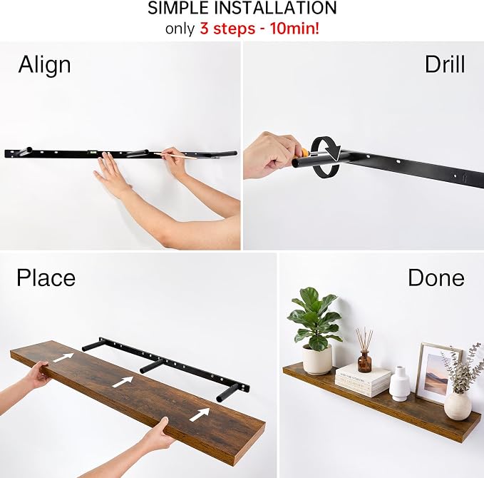 BAYKA Rustic Brown Floating Shelves 47.2in, Set of 2, Wall Mount Wood Shelf | Easy Install, 30lbs Max Load, Hidden Bracket, for Coffee Bar Book Bedroom Kitchen Office Storage Decor, Multi-Wall Compatible