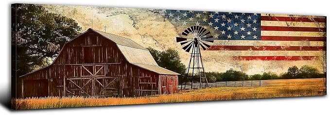 Farmhouse Barn Wall Art Country Western Wall Decor Vintage Windmill Pictures for Kitchen Living Room, Old Barn Landscape Canvas Painting America Flag Poster Prints Artwork Cabin Decoration 14x48”