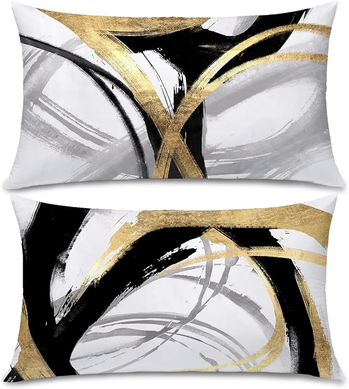 Black White and Gold Pillow Covers, Abstract Black and Gold Pillow Covers 16x24 Set of 2, Modern Boho Home Decor, Black and Gold Decorative Throw Pillows Cover for Couch Living Room Bedroom
