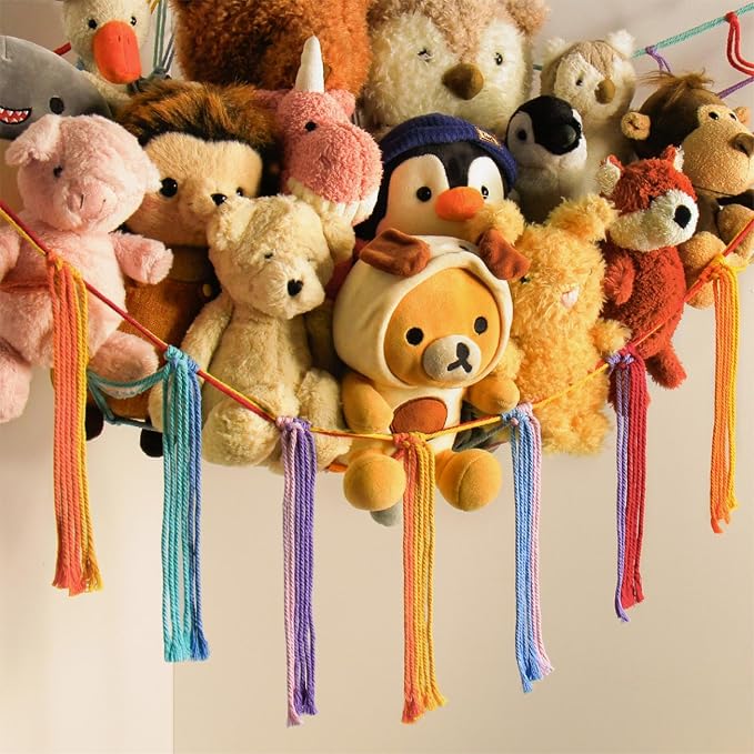 mirolam Stuffed Animal Hammock Corner Storage Net Cute Preppy Trendy Stuff Gifts for Teen Girls Baby Room Wall Nursery Decor Rainbow Color Colorful Unicorn Hanging Organizers XL Large