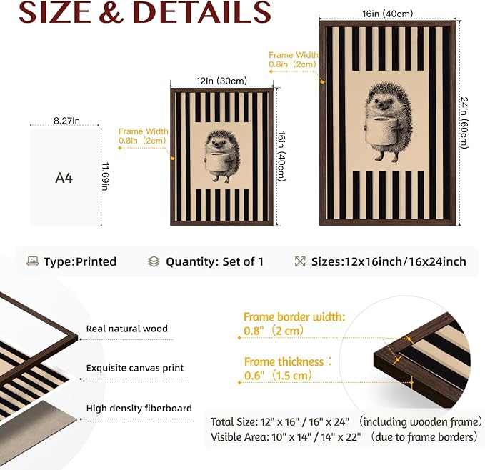 VziizV Funny Hedgehog Bathroom Wall Art, Cute Hedgehog Holding Toilet Paper Decor, Beige and Black Stripe Restroom Poster Print, Whimsical Farmhouse Animal Artwork for Powder Wood Framed 16x24 Inch