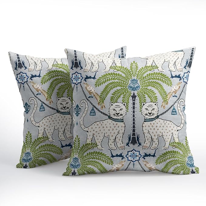 Animal Print Leopard Tropical Tree Pillow Covers 20X20 Inch Set of 2 Vintage Asian Bird Decorative Pillow Cases Green White Grey Cotton Linen Cushion Case Farmhouse Home Decor For Sofa Couch Bed