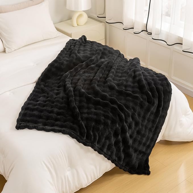 YUSOKI 3D Fleece Bubble Queen Size Blanket,Black, 90"x90" | Ultra Soft, Non-Shedding, Lightweight for All Season Use, stays fluffy after repeated washes, Perfect Gifts, Machine Washable