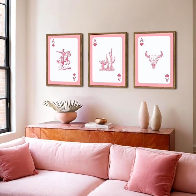 Set of 3 Western Cowgirl Wall Art Pink Bull Skull Wall Decor Painting Southwestern Playing Card Poster Canvas Prints Picture for Bedroom Living Room Wood Framed 16x24 inch