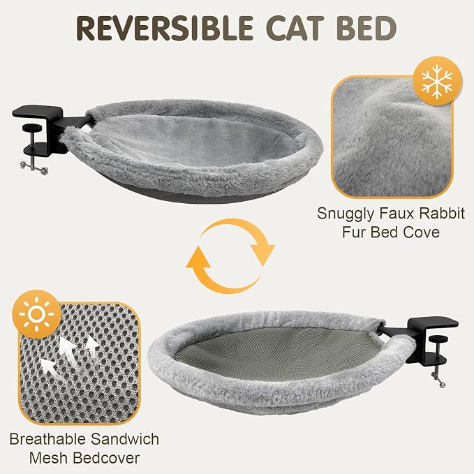 17.3" Extra Large Cat Desk Bed, 2 in 1 Comfy & Space-Saving Cats Bed for Desk, Cat Desk Hammock with Dual-Sided Reversible Mat for Hard Wall and Various Desktops-Maximum Hold Up to 40lb