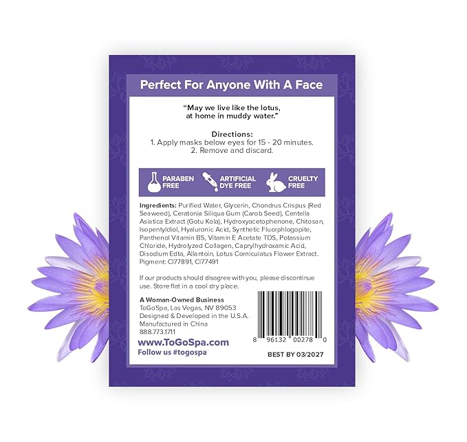 ToGoSpa Lotus Flower EYES Premium Anti-Aging Collagen Gel Pads for Puffiness, Dark Circles, and Wrinkles – Under Eye Rejuvenation for Men & Women - 1 Pack - 3 Pair