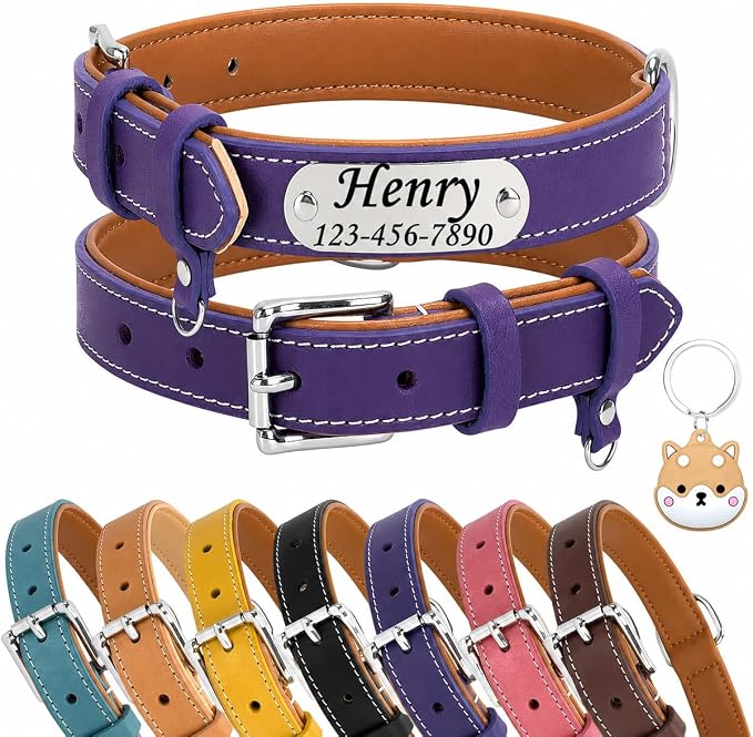 Personalized Leather Dog Collar with AirTag Holder Case, Custom Engraved Nameplate Dog Collar, Adjustable Genuine Leather Soft Padded Dog ID Collar for Medium Large X-Large Dogs-Dark Purple-M
