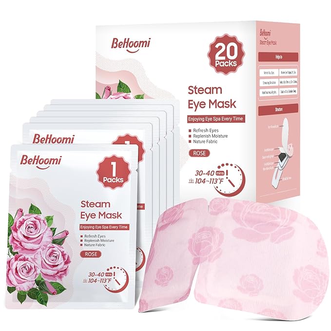 20 Packs Steam Eye Mask, Heated Eye Mask Warm Compress for Eyes, Disposable Self Heating Steam Mask for Home, Sleep, Spa, Travel Essentials & Relaxation Gifts for Women (Rose)