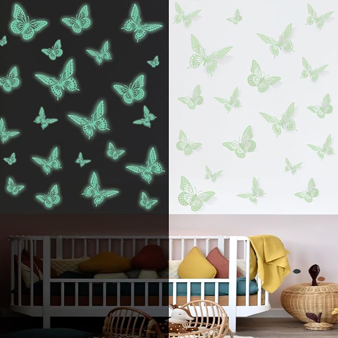 SAOROPEB Glow in The Dark 3D Butterfly 24 Pcs 3 Sizes, Luminous Butterfly Stickers for Ceiling or Wall, Glow in The Dark Party Supplies, Removable Luminous Stickers for Kids Babys Nursery (Green) | 3 Sizes, Luminous Butterfly Stickers for Ceiling Wall,...
