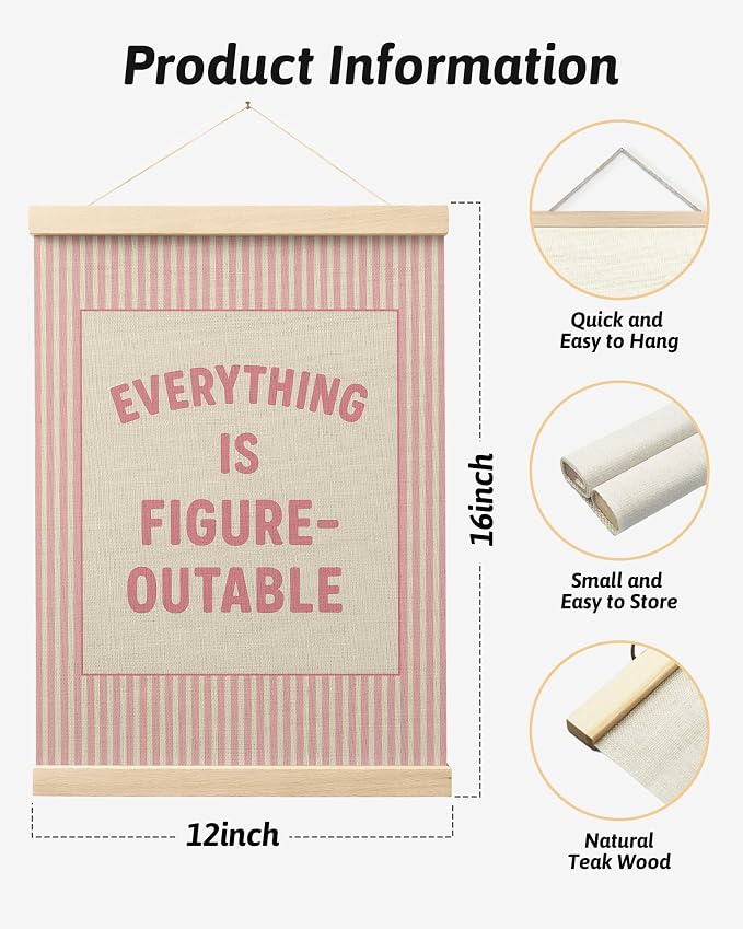 FGFK Preppy Pink Everything Is Figureoutable Inspirational Wall Art Poster Hanger Frame, Girly Pink Striped Positive Affirmations Canvas Prints Framed Wall Decor for Girls Bedroom Dorm, 12x16 Inch