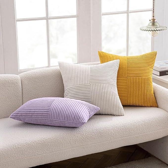 MIULEE Purple Decorative Throw Pillow Covers for Couch 18x18 Inch Lavender | 2 Pack, Boho Farmhouse Pillow Covers, Soft Cross Corduroy Patchwork Textured Cushion Cases For Bed Sofa