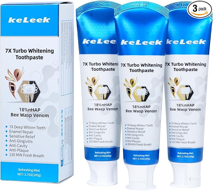 KeLeek 3-Pack 7X Turbo Whitening 18% Nano Hydroxyapatite Bee Wasp Venom Toothpaste for Remineralizing Enamel Gum Repair,Sensitive Relief,Anti-Gingivitis,Anti-Cavity,Anti-Plaque -150 MIN Fresh Breath