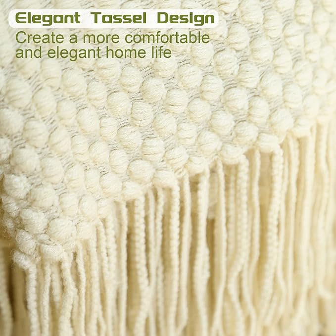 Blagic Soft Knitted Throw Blanket for Couch and Bed,Off White,50"x60" | Lightweight and Cozy,Farmhouse Boho Blanket with Tassel,Decorative for Living Room,Gifts for Adults,All Season Use