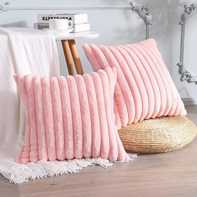 Soleebee Set of 2 Throw Pillow Covers Soft Cozy Velvet Pillowcase Faux Rabbit Fur Cover for Couch Sofa Bed Chair Home Decorative Pillows Cover (20x20 Inch, Pink)