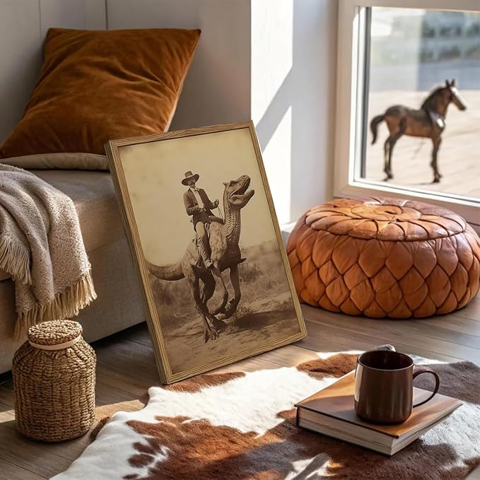 Vintage Dinosaur Cowboy Wall Art Funny Western Jurassic Park Wall Decor Painting, Retro Cowboy Riding Dinosaur Poster Canvas Print Picture for Living Room Bedroom 12x16 inch Wood Framed