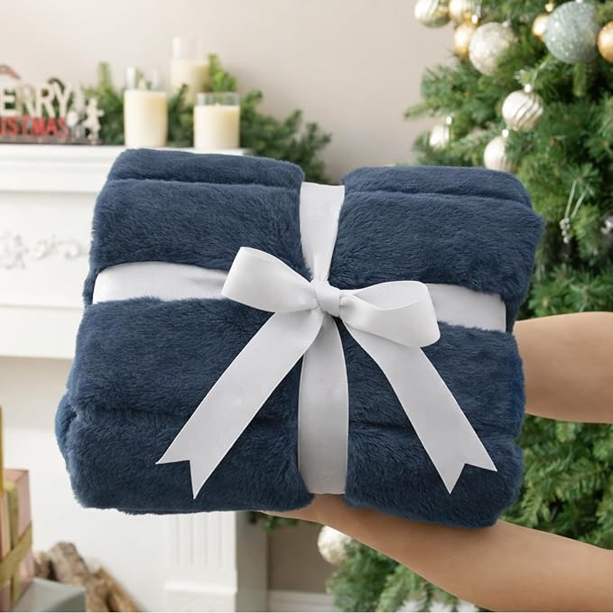 Cozy Bliss Deluxe Sheared Rabbit Faux Fur Throw Blanket, Soft Fuzzy High-Low Sculpted Plush Blanket for Couch, Cozy Home Accent, All Season Use, Blue 50"x60"