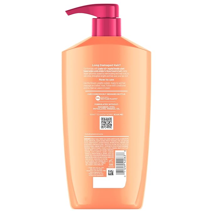 L'Oreal Paris Elvive Dream Lengths Restoring Shampoo With Fine Castor Oil and Vitamins B3 and B5 for Long, Damaged Hair, Visibly Repairs Damage Without Weighdown With System, 28 Fl Ounce
