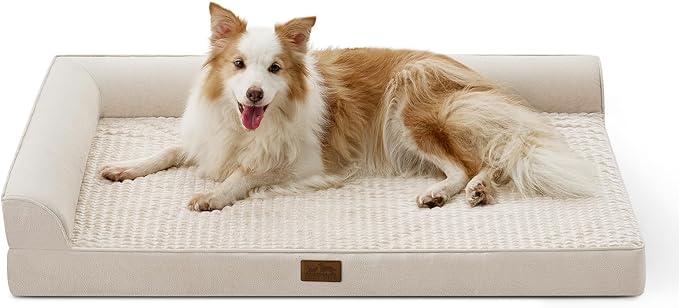 COZY KISS Orthopedic Dog Bed for Extra Large Dogs, L Shaped XL 44x32 inch | Non-Slip Bottom Soft Pet Sofa with Washable Removable Waterproof Cover, Egg-Crate Foam Couch with Portable Handle, Beige