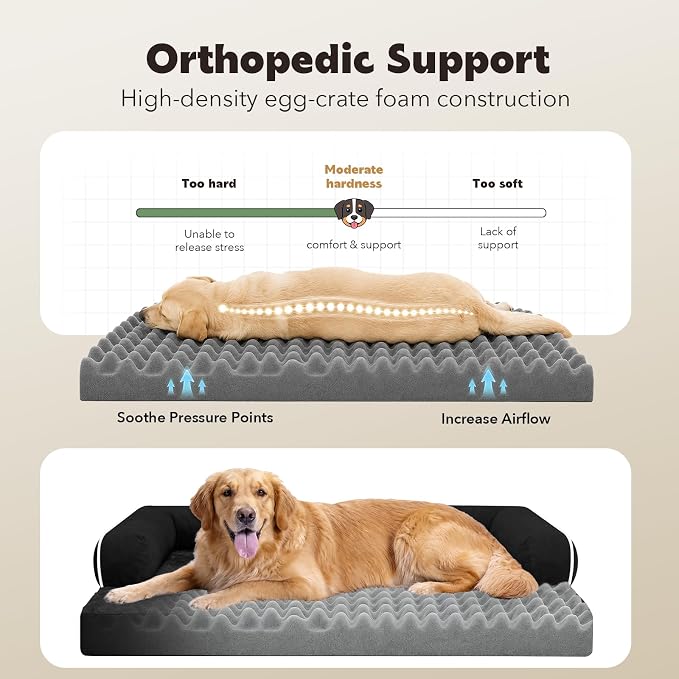 Orthopedic XL Dog Bed with Bolster for Extra Large Size Dogs | Pillow Support for Neck Relief, Egg Crate Foam, Skin-Friendly Surface, Waterproof Liner, Anti-Slip Bottom, 42 x 30 Inch