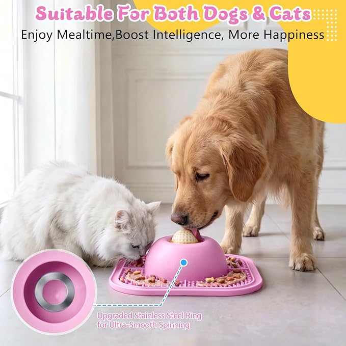 Slow Feeder Dog Bowls & Lick Mat for Liquid and Thick Treat, Anti-Slip Dog Lick Bowl with Interactive Rolling Ball, 5/6 Cup Pup Licking Toy for Large Medium Small Dogs and Cats-Large Pink