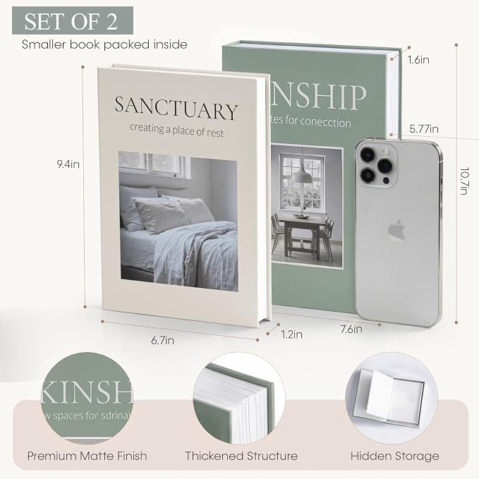 Faux Book Stacks for Decoration (Set of 2) - Decorative Books with Storage for Shelf Decor - Organic Modern & Biophilic Living Room Accents - Sanctuary & Kinship (Sage Moss Green & Beige)