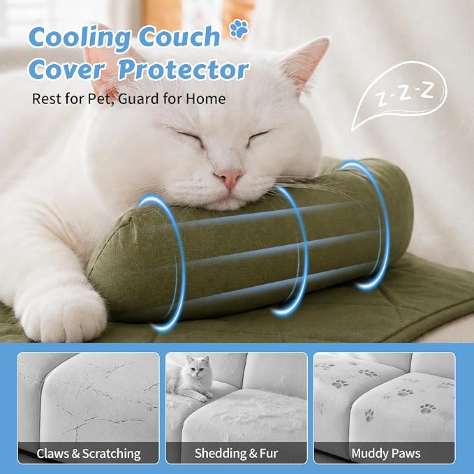 Cooling Dog Bed Mats with Neck & Head Support, 31.5 x 23.62 inch Army Green | for Small and Medium Dogs & Cats, Non-Slip, Machine Washable, Protects Sofa from Fur & Scratches