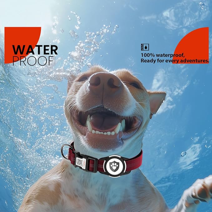 Waterproof AirTag Dog Collar with QR Code Dog Tag, Burgundy XS | IP68 waterproof, QR code dog tag, Anti-Lost, Online profile, fits XS-L (8"-26"), Padded nylon, Reflective, No App, No Fees