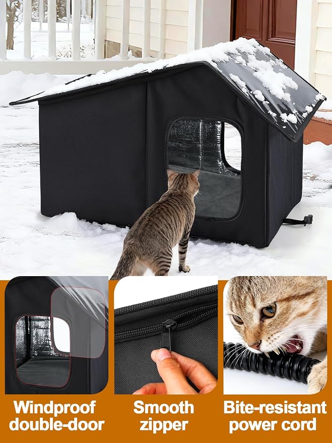 Weatherproof Heated Cat Houses for Outdoor Cats - Insulated Cat Shelter for Winter with Thermostatic Heating Pad and Escape Door, Warm Outside Pet House Gift for 1-2 Feral Cats (Black)