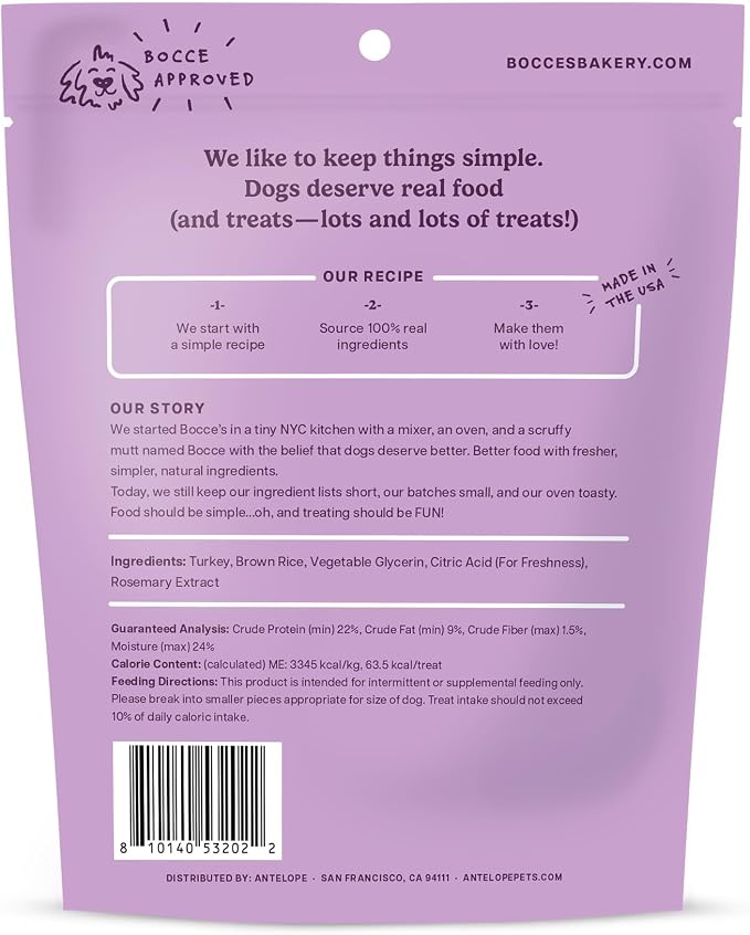 Bocce's Bakery Gobble Gains Protein Jerky Dog Treats, Turkey (5 oz) | High-Protein, Wheat-Free, Limited-Ingredient Treats with No Added Salt or Sugar - Baked in The USA
